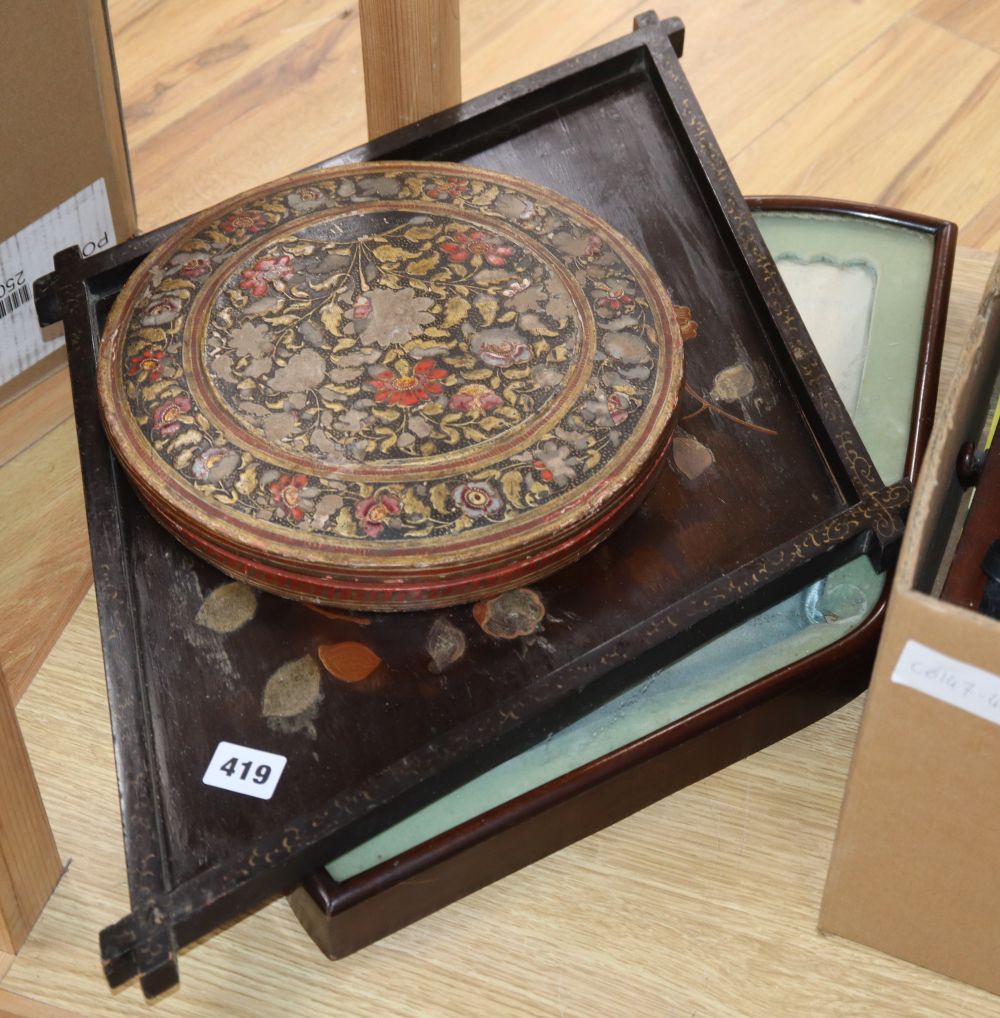 A 19th century Indian painted panel in embossed box and a Japanese lacquer lozenge shaped tray